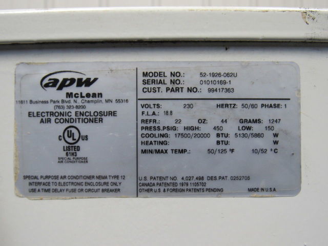 McLean 52-1962-062U Electrical Enclosure Air Conditioner 20000 BTU 230V