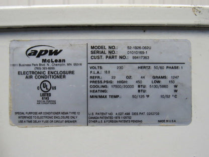 McLean 52-1962-062U Electrical Enclosure Air Conditioner 20000 BTU 230V