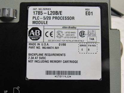Allen Bradley 1785-L20B/E Rev E01 Ser E F/W Rev B PLC-5/20 Processor Module