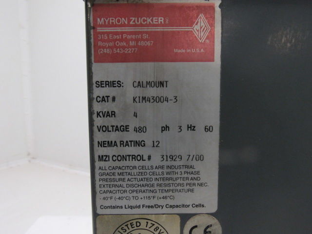 Myron Zucker KIM43004-3 Calmount 4 KVAR Capacitor 480V 3Ph 60Hz NEMA 12