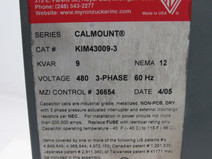 Myron Zucker KIM43009-3  9 KVAR Capacitor 480V 3Ph 60Hz NEMA 12