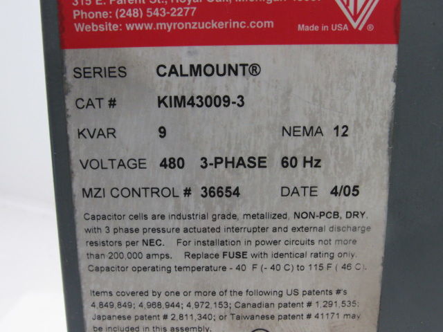 Myron Zucker KIM43009-3  9 KVAR Capacitor 480V 3Ph 60Hz NEMA 12