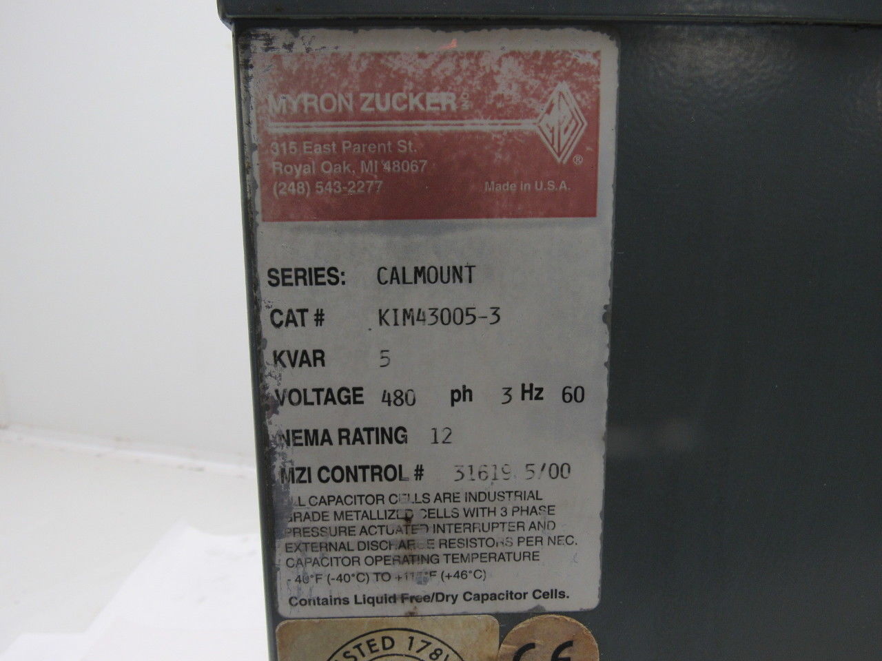 Myron Zucker KIM43005-3 Calmount 5 KVAR Capacitor 480V 3Ph 60Hz NEMA 12
