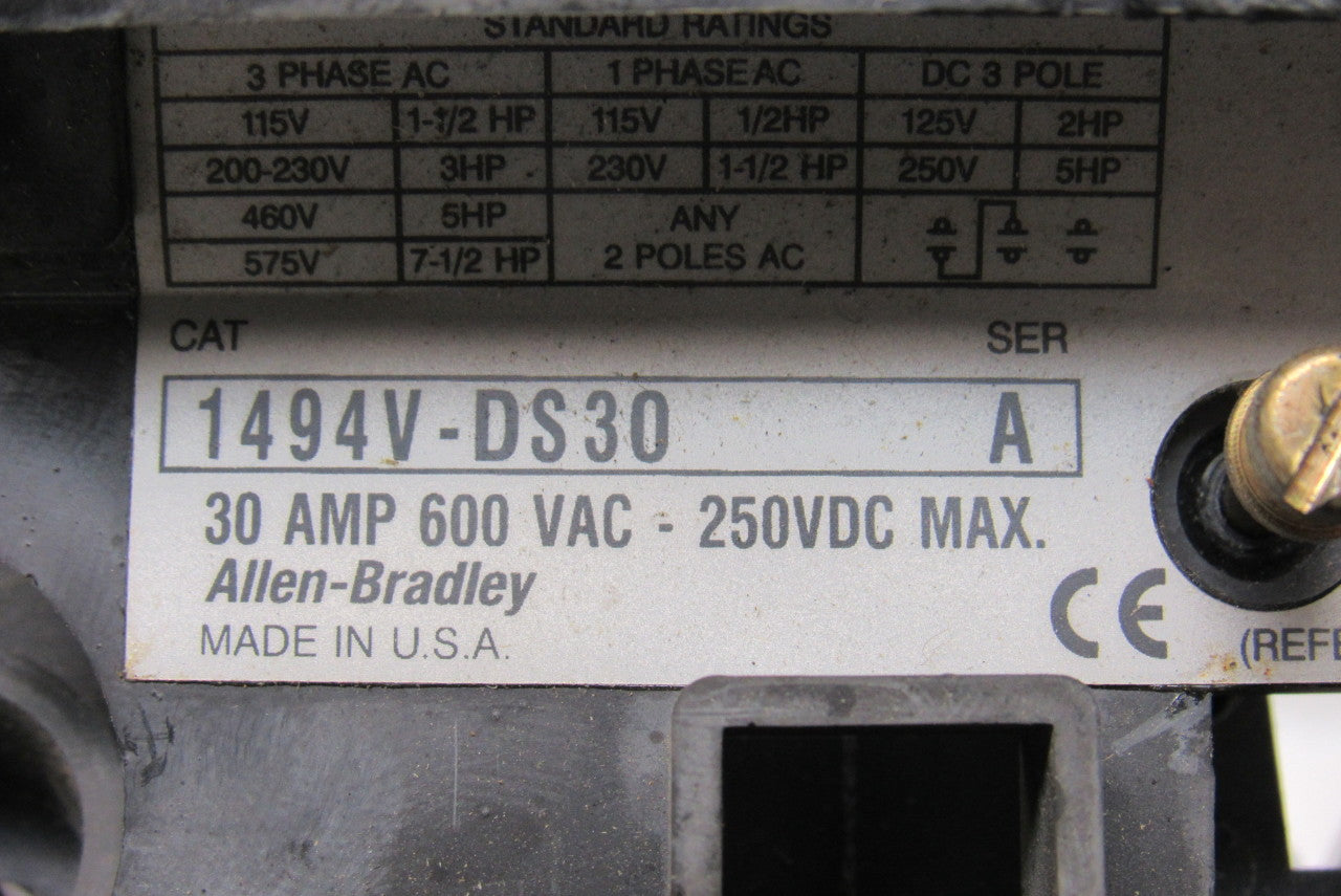 Allen Bradley 1494V-DS30 Ser A Disconnect Switch 30A 600V Fused W/Operator