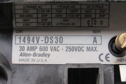 Allen Bradley 1494V-DS30 Ser A Disconnect Switch 30A 600V Fused W/Operator