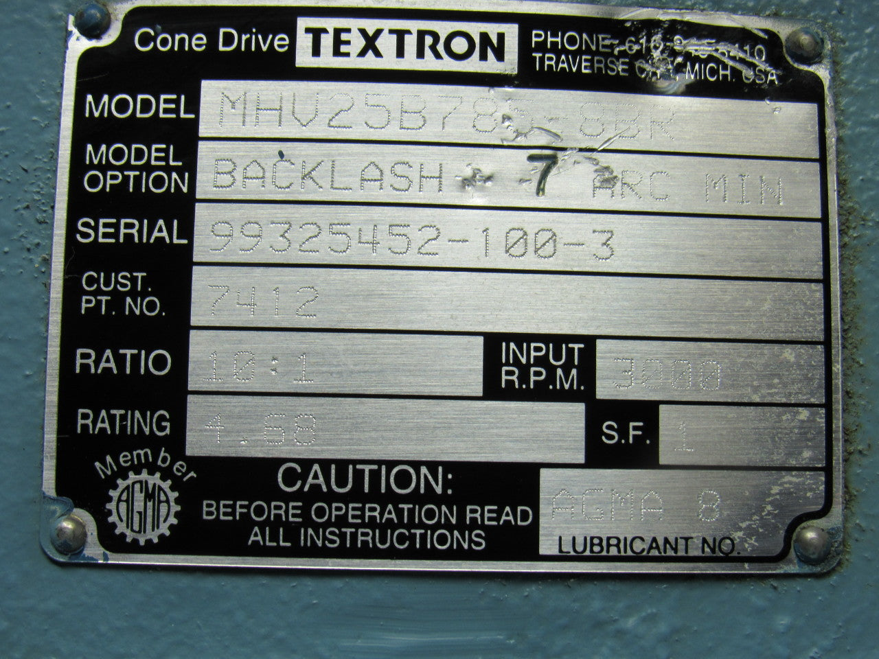Textron HHV25B785M-8BR Gear Box Speed Reducer 10:1 Ratio 7 ARC Backlash Min