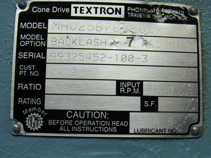 Textron HHV25B785M-8BR Gear Box Speed Reducer 10:1 Ratio 7 ARC Backlash Min