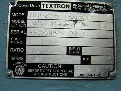 Textron HHV25B785M-8BR Gear Box Speed Reducer 10:1 Ratio 7 ARC Backlash Min