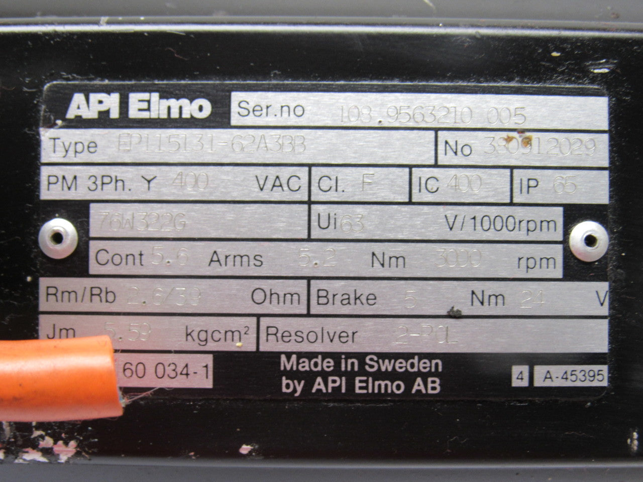 API Elmo/Atlas Copco EP115131-62A3BB AC Servo Motor W/Brake