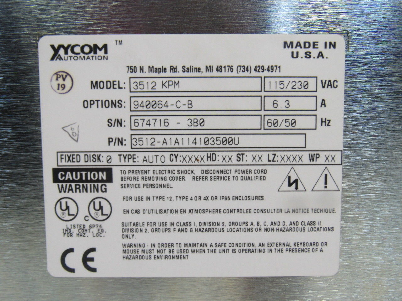 Xycom Automation 3512-A1A114103500U Model 3512 KPM Operator Interface Panel