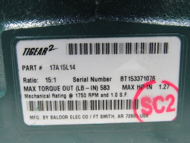 Dodge 17A15L14 15:1 Ratio 1750RPM 1.270Hp Input 117RPM Out C-Face Gear Reducer