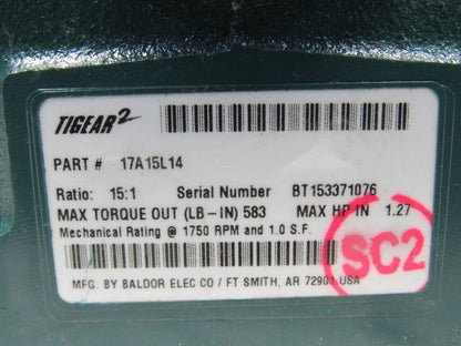 Dodge 17A15L14 15:1 Ratio 1750RPM 1.270Hp Input 117RPM Out C-Face Gear Reducer