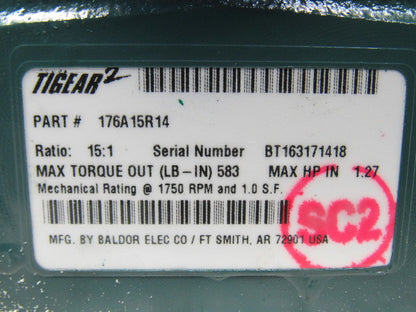 Baldor 176A15R14 15:1 Ratio 1750RPM 1.27Hp Input 117RPM Out Gear Reducer
