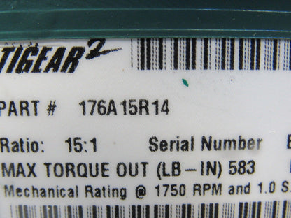 Baldor 176A15R14 15:1 Ratio 1750RPM 1.27Hp Input 117RPM Out Gear Reducer
