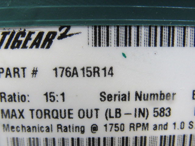 Baldor 176A15R14 15:1 Ratio 1750RPM 1.27Hp Input 117RPM Out Gear Reducer