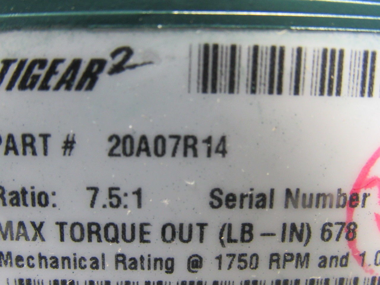 Dodge 20A0R14 7.5:1 Ratio 1750RPM 2.78Hp Input 233RPM Out RH Gear Reducer