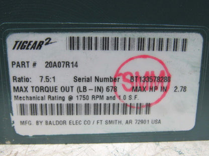 Dodge 20A0R14 7.5:1 Ratio 1750RPM 2.78Hp Input 233RPM Out RH Gear Reducer