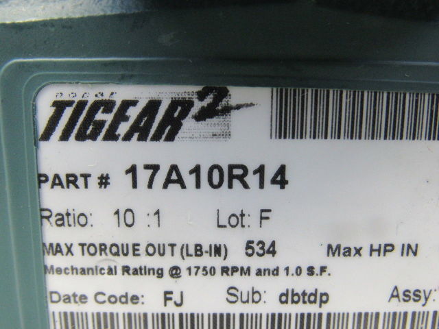 Dodge 17A10R14 10:1 Ratio 1750RPM 1.67Hp Input 175RPM Out C-Face RH Gear Box