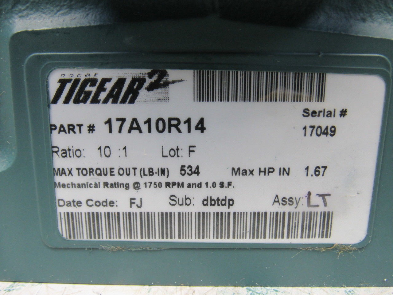 Dodge 17A10R14 10:1 Ratio 1750RPM 1.67Hp Input 175RPM Out C-Face RH Gear Box