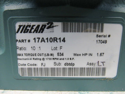 Dodge 17A10R14 10:1 Ratio 1750RPM 1.67Hp Input 175RPM Out C-Face RH Gear Box