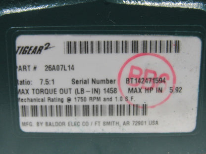Dodge 26A07L14 Tigear 2 7.5:1 Ratio 1750RPM 6Hp Input 233RPM Out LH Gear Reducer
