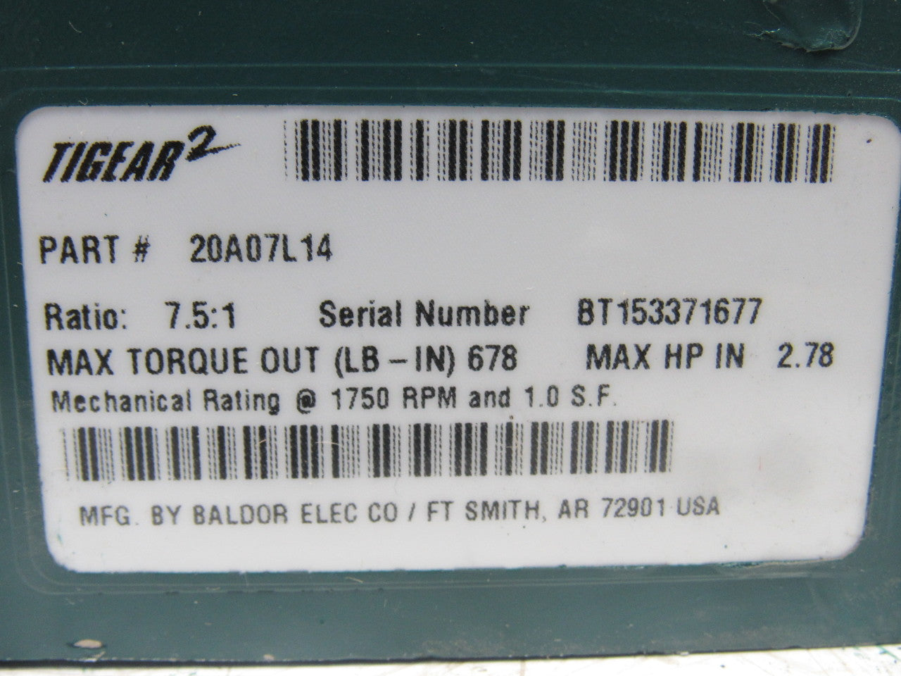 Dodge 20A07L14 7.5:1 Ratio 1750RPM 2.78Hp Input 233RPM Out LH Gear Reducer