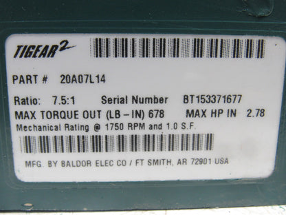 Dodge 20A07L14 7.5:1 Ratio 1750RPM 2.78Hp Input 233RPM Out LH Gear Reducer