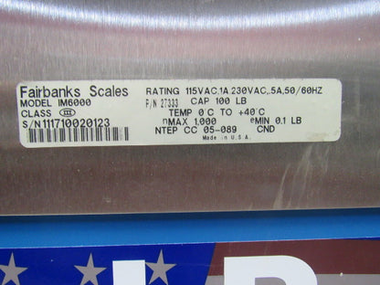 Fairbanks IM6000 Package Scales in Motion 30"x36" 100Lb Capacity 115/230V 1Ph