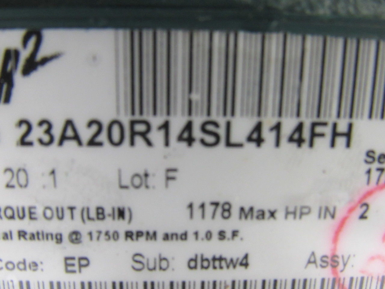 Dodge 23A20R14SL414FH 20:1 Ratio 1750RPM 2Hp In 87.5RPM 5" Shaft RH Out Gear Box