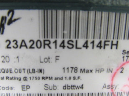 Dodge 23A20R14SL414FH 20:1 Ratio 1750RPM 2Hp In 87.5RPM 5" Shaft RH Out Gear Box