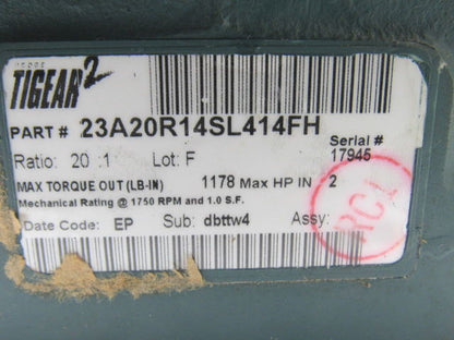 Dodge 23A20R14SL414FH 20:1 Ratio 1750RPM 2Hp In 87.5RPM 5" Shaft RH Out Gear Box