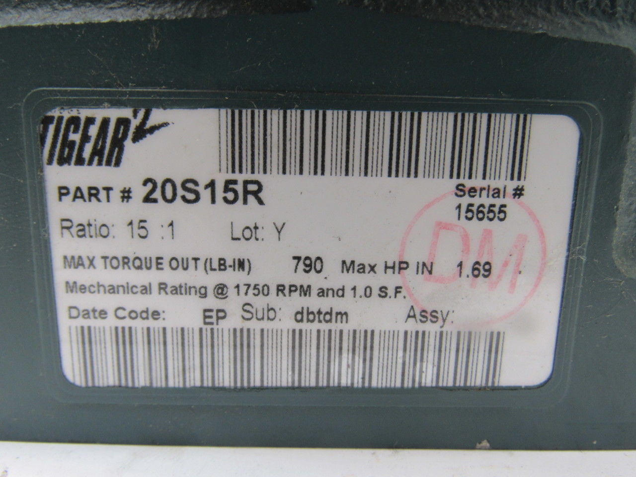 Dodge 20S15R 15:1 Ratio 1750RPM 1.69Hp Input 117RPM RH Output Gear Box