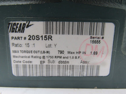 Dodge 20S15R 15:1 Ratio 1750RPM 1.69Hp Input 117RPM RH Output Gear Box