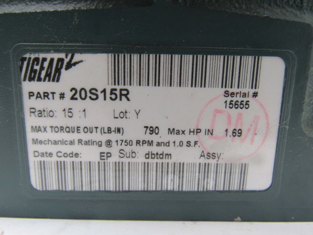 Dodge 20S15R 15:1 Ratio 1750RPM 1.69Hp Input 117RPM RH Output Gear Box