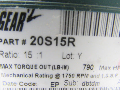 Dodge 20S15R 15:1 Ratio 1750RPM 1.69Hp Input 117RPM RH Output Gear Box