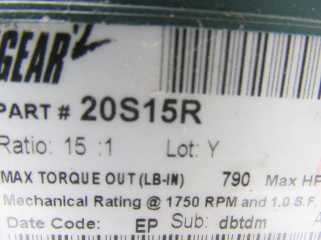 Dodge 20S15R 15:1 Ratio 1750RPM 1.69Hp Input 117RPM RH Output Gear Box