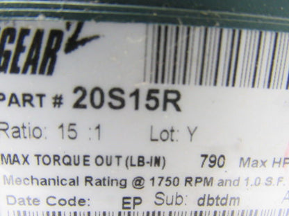 Dodge 20S15R 15:1 Ratio 1750RPM 1.69Hp Input 117RPM RH Output Gear Box