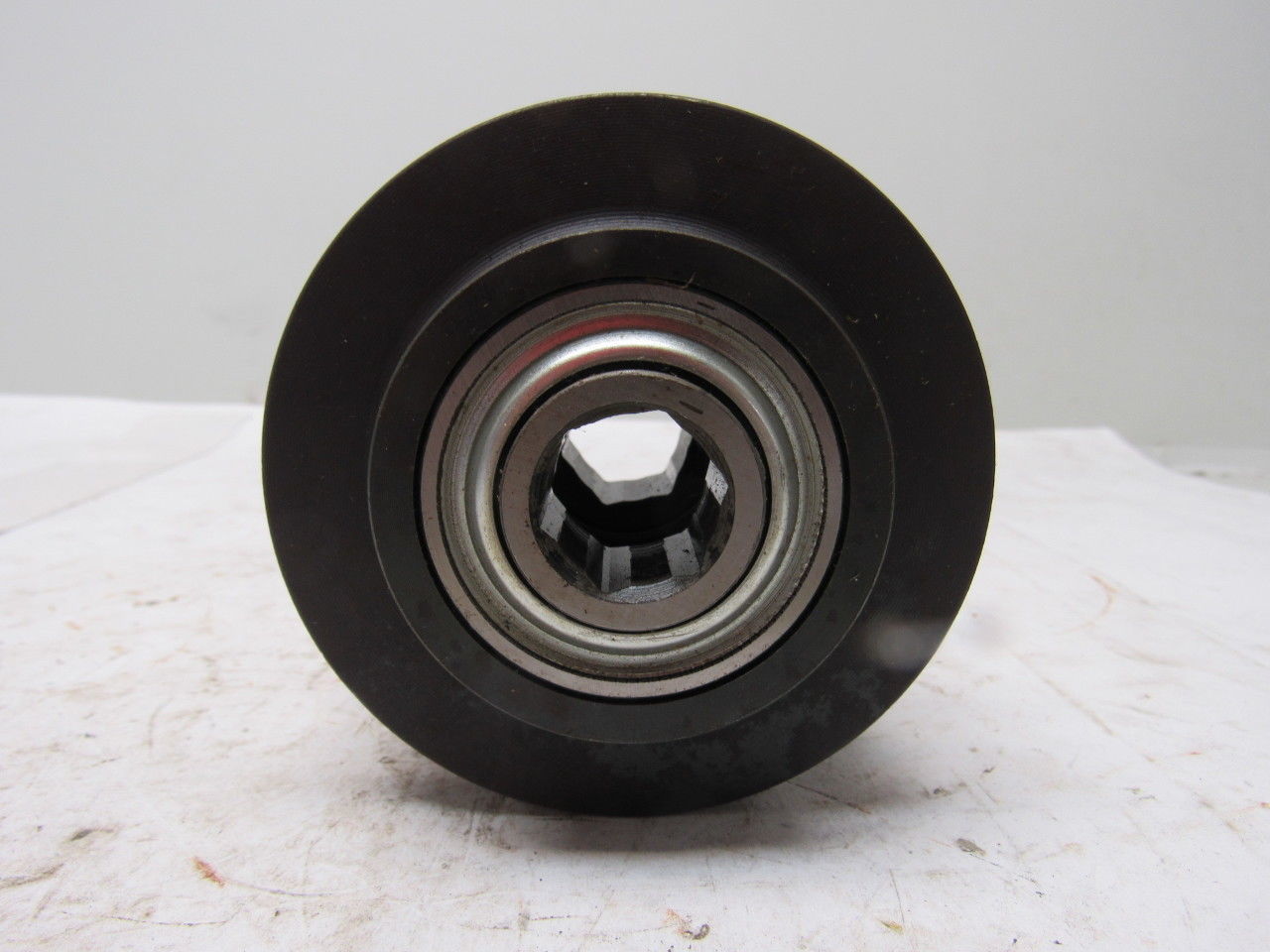 3.47" OD X 1-1/2"Wide Double Groove Self Tracking End Pulley 11/16" Hex Bore