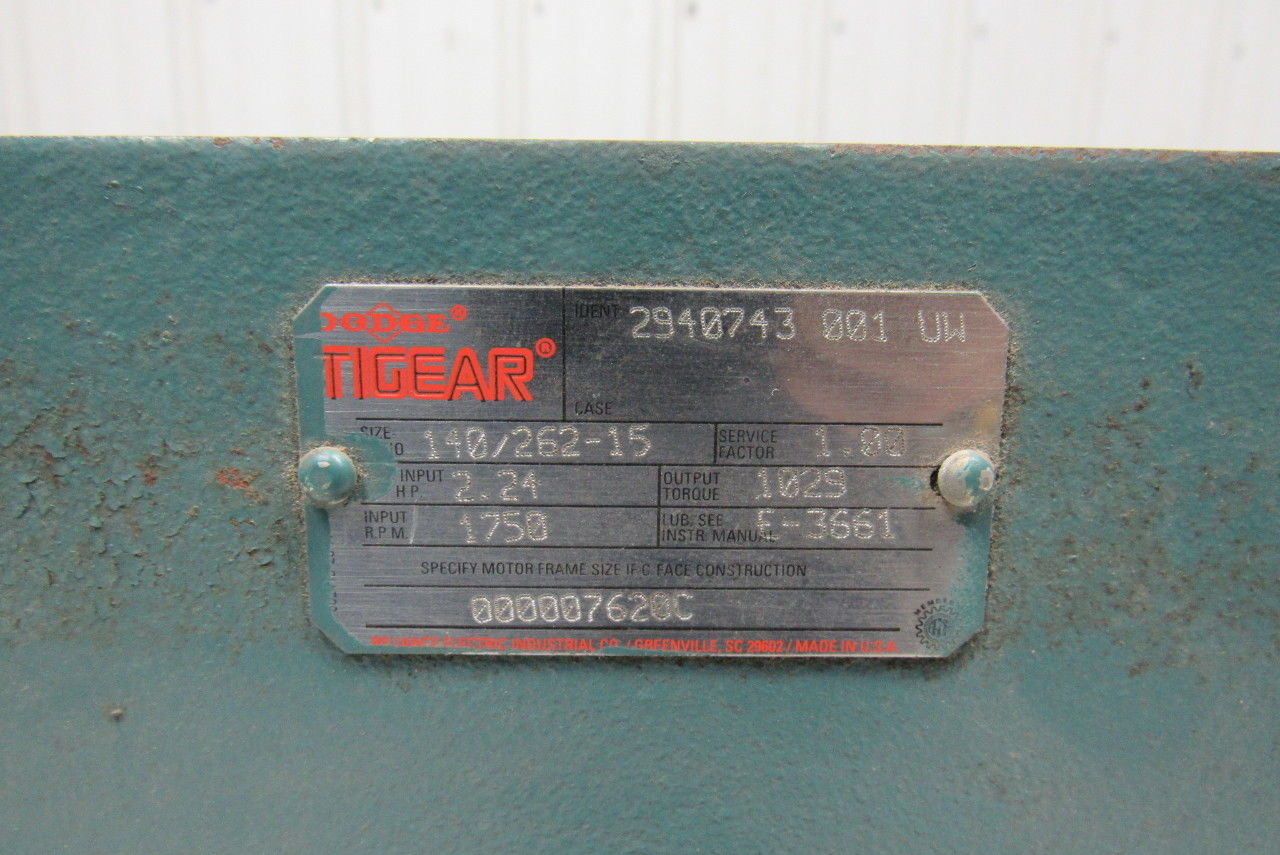 Dodge 140/262-15 15:1 Ratio 1750RPM 2.24Hp Input 117RPM RH Output Gear Reducer