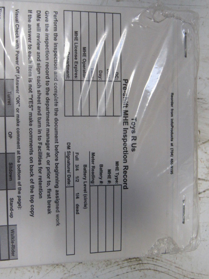 InfoProducts Pre-Shift MHE Lift Truck Inspection Report Tablets Lot Of 120