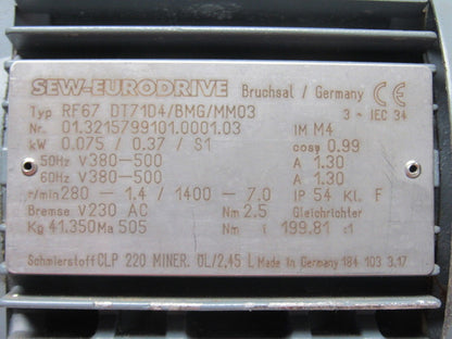 Sew Eurodrive RF67DT71D4/BMG/MM03 0.75KW Electric Motor 380-500V 50/60Hz