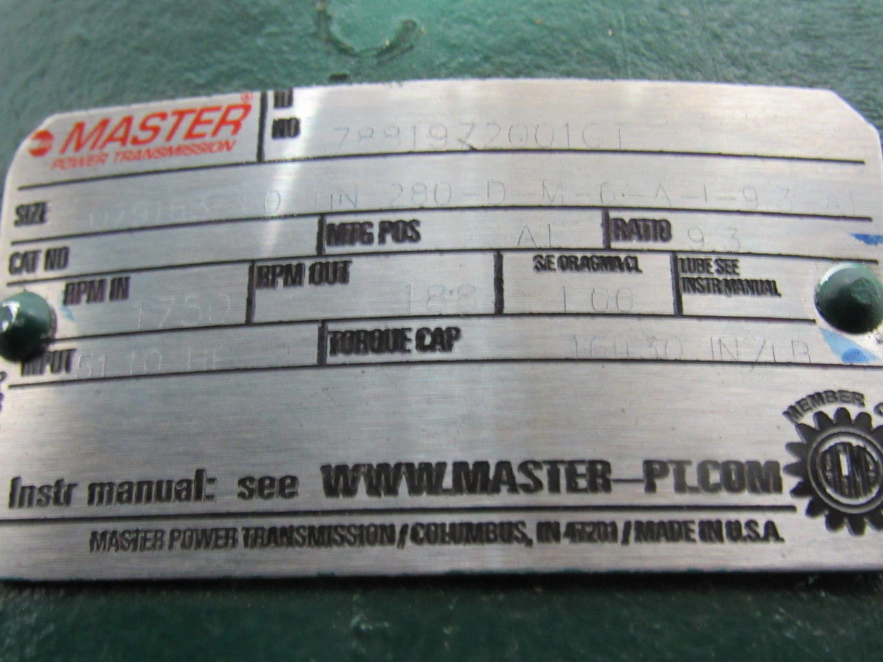 Master 9.3:1 Ratio 1750RPM 51.10Hp Input 16430# Inline Gear Reducer