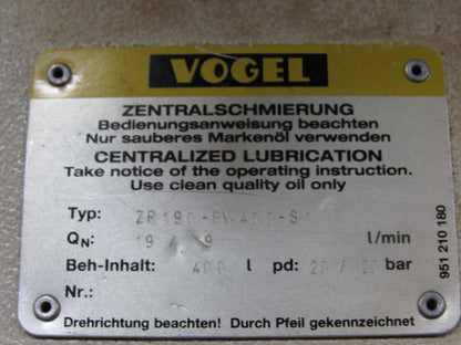 Vogel ZR190BW400-S1 100 Gal. Dual Pump Centralized Lubricating System 240/480