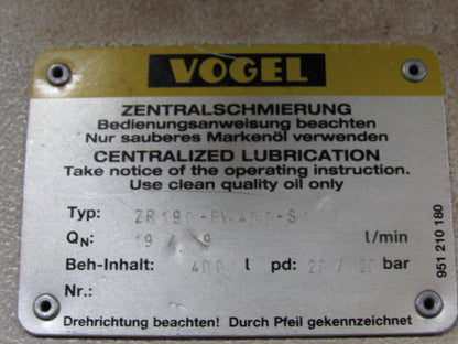 Vogel ZR190BW400-S1 100 Gal. Dual Pump Centralized Lubricating System 240/480