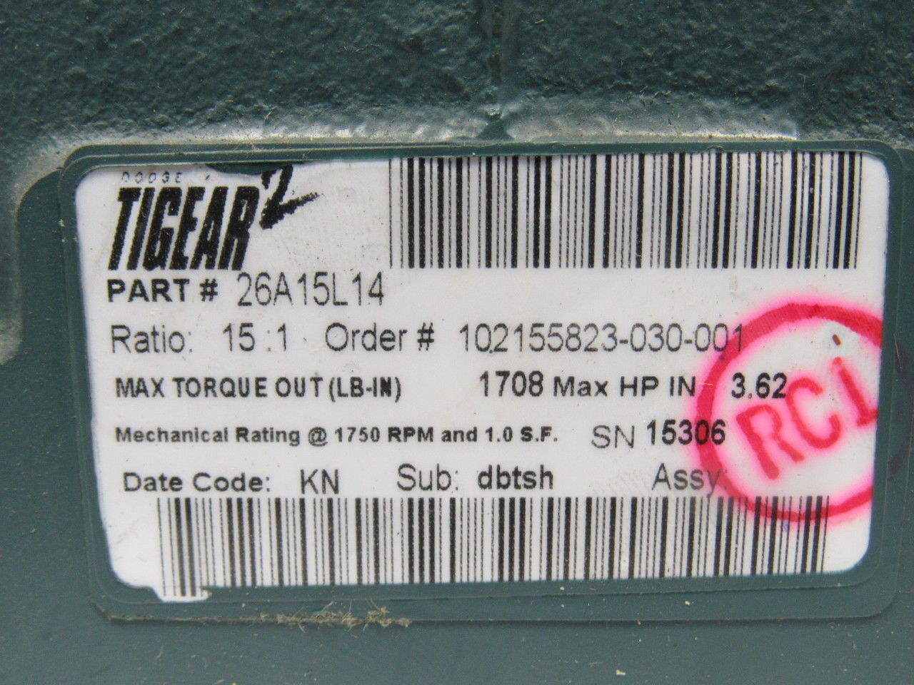 Dodge 26A15L14 15:1 Ratio 1750RPM 3.62Hp Input 117RPM LH Output Gearbox
