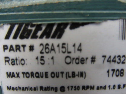 Dodge 26A15L14 Tigear 2 15:1 Ratio 1750RPM 3.62Hp Input 117RPM LH Output Gearbox