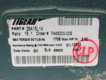 Dodge 26A15L14 Tigear 2 15:1 Ratio 1750RPM 3.62Hp Input 117RPM LH Output Gearbox