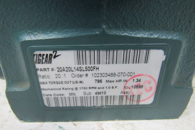 Dodge 20A20L14SL500FH 20:1 1750RPM 1.34Hp Input 88RPM LH Output Gearbox