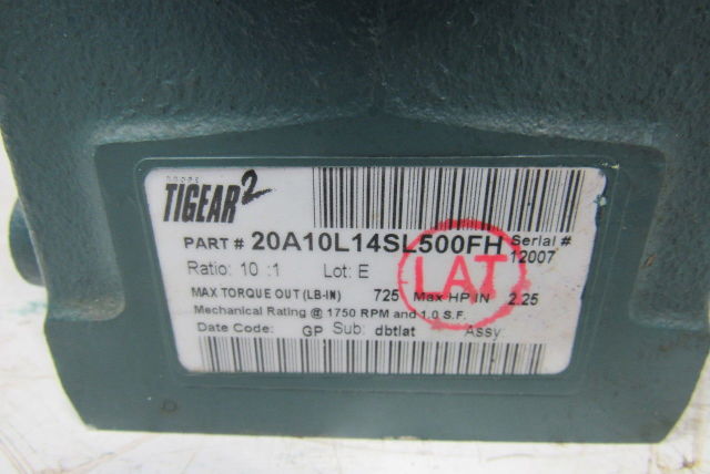 Dodge 20A10L14SL500FH 10:1 Ratio 1750RPM 2.25Hp Input 175RPM LH Output Gearbox