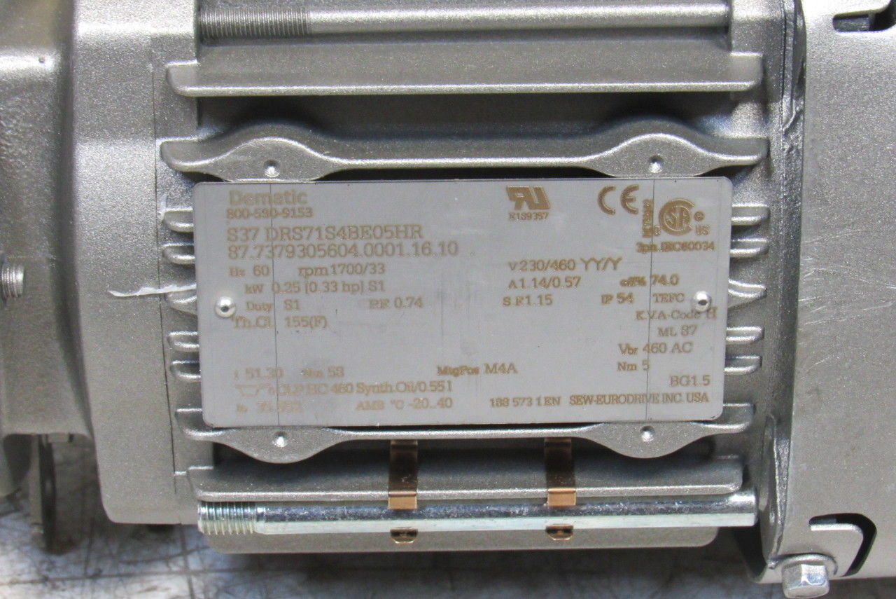 Dematic S37 DRS71S4BE05HR .25kW 51.30:1 Ratio 230/460V RH Output Gear Motor